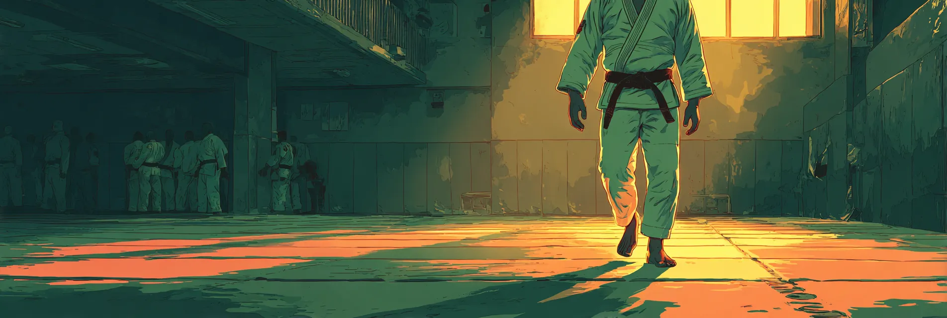 Jiu-jitsu athlete walking onto an empty mat at sunrise