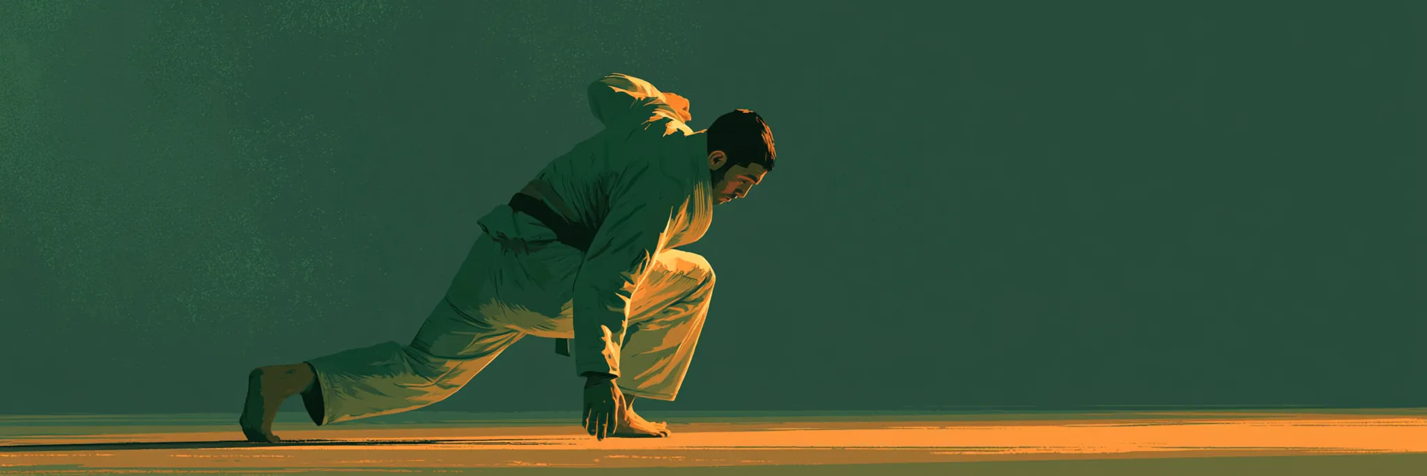 Jiu-jitsu athlete drilling alone in a low stance on a dimly lit mat